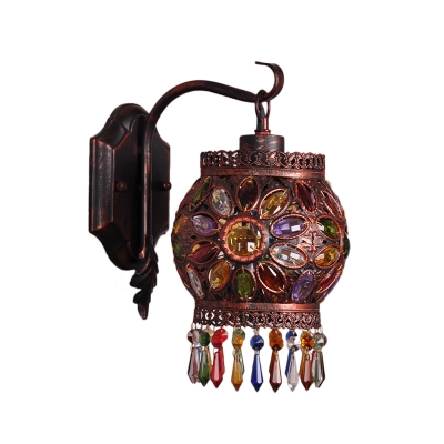 Metal Lantern Wall Sconce Bohemia 1 Light Wall Mount Light with Crystal Flower in Rose Copper