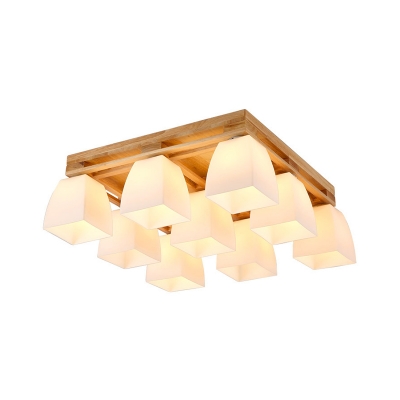 Opal Pyramid Glass Shade Flush Light Contemporary 4/6/9 Lights Ceiling Light Fixture in Wood Finish