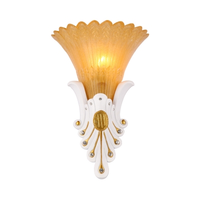 Petal Flush Wall Sconce with White/Yellow Glass Shade French Country 1 Head Wall Light with Peacock Tail Design