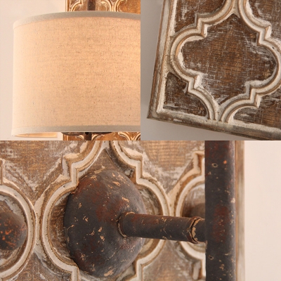 Vintage Cylinder Flush Wall Sconce Fabric 2 Heads Living Room Wall Lamp with Rectangle Backplate in Rust Finish