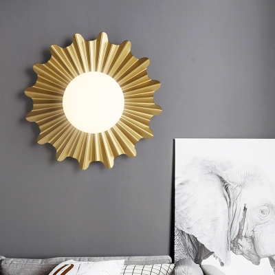 White Glass Sphere Wall Light with Brass Scalloped Backplate 1 Heads Modern Wall Mounted Light