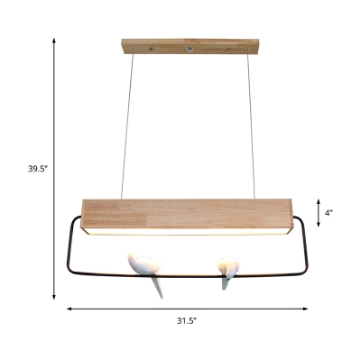 Wooden Rectangular Island Lamp Nordic Style LED Ceiling Hanging Light with Bird in Warm/White