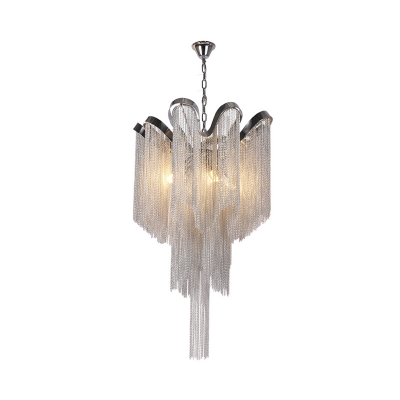 4 Bulbs Metal Chain Chandelier Lighting Art Deco Pendant Light in Silver for Living Room