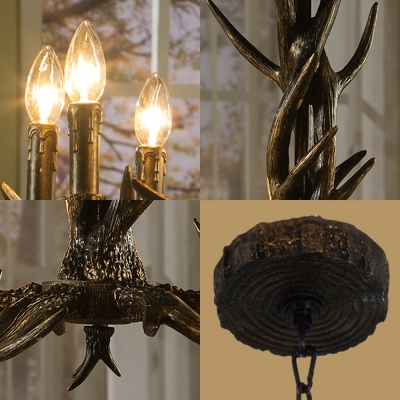 6/8 Heads Conical Chandelier Light with Antlers Country Fabric Ceiling Chandelier in Black