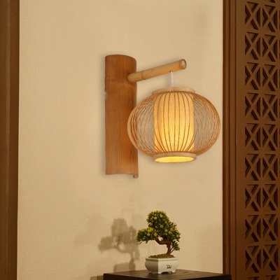 Asian Suspender Wall Light with Lantern Shade 1 Light Mini Wall Sconce Lamp in Wood Finish