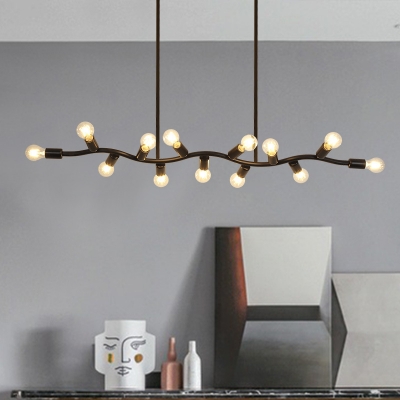 Black Linear Island Light with Branch Design Modern Metal 13 Lights Multi Light Pendant for Kitchen