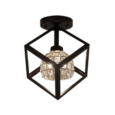 Black Square Cage Semi-Flush Mount Light Contemporary Metal 1 Light Ceiling Fixture with Crystal Shade for Foyer