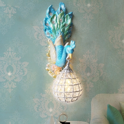 Blue Peacock Wall Sconce Light with Crystal Globe Light 1 Light Resin Indoor Wall Lamp for Bedroom