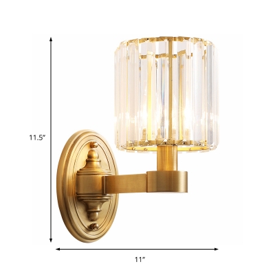 Crystal Prism Cylindrical Wall Mount Lamp Modern 1/2 Head Living Room Wall Light in Brass