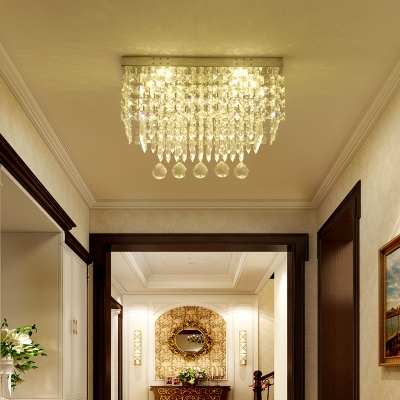 Dining Room Rectangle Flush Ceiling Light Clear Crystal Ball Metal Elegant Style LED Ceiling Lamp