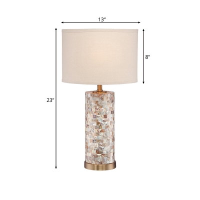 Drum Table Lamp with Shell Lamp Base 1 Light Flaxen Shade Vintage Table Lighting in Brass Finish
