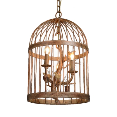 Iron Birdcage Hanging Pendant Light Village Style 3 Lights Chandelier Lamp in Rust with Pinecone Accents