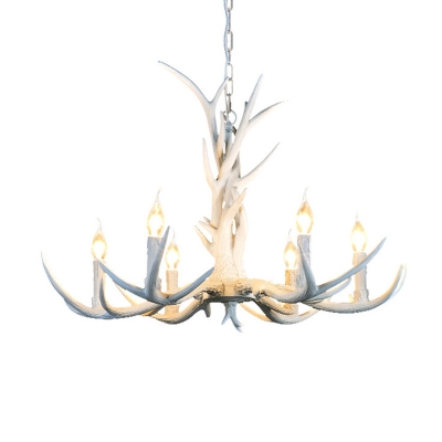 Lodge Antlers Suspension Light Resin 6/15 Lights Chandelier Lighting Fixture with Adjustable Chain in White