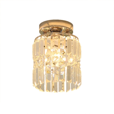 Mini Cylinder Flush Lighting Modernism Clear Crystal Shade Single Light Indoor Ceiling Lamp in Chrome for Corridor