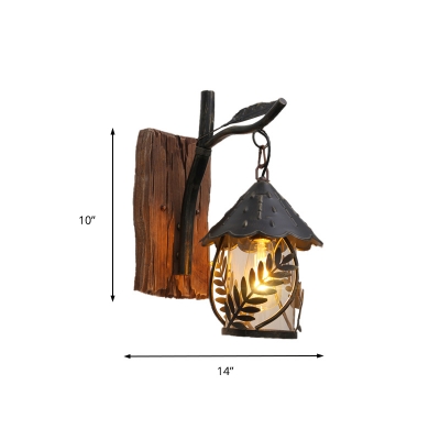 Mini Cylindrical Sconce Light with Leaf Branch Vintage Metal 1 Light Wall Sconce Fixture in Black
