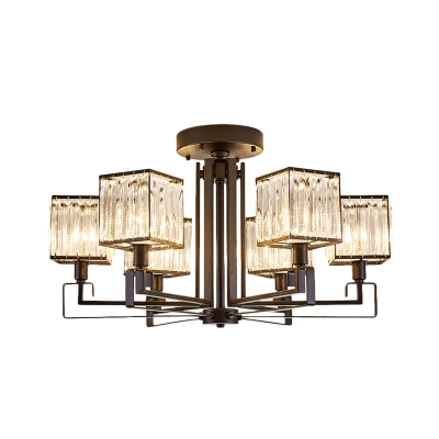 Modern Semi Flush Lighting with Square Clear Crystal Shade 4/6/8 Light Black Ceiling Light Fixture