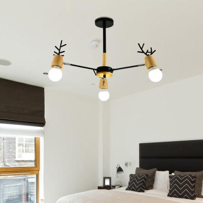 Nordic Exposed Bulb Pendant Light with Black/White Antler Metal and Wood 3/6/8/10 Heads Chandelier Lamp