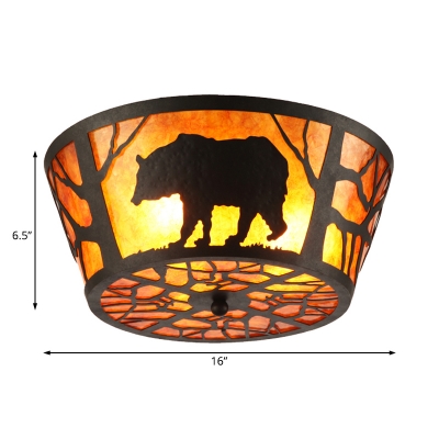 Round Flush Ceiling Light with Bear/Horse Pattern 3 Lights Marble Flushmount Lighting in Brown
