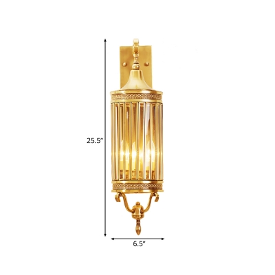 Traditional Cylindrical Wall Lamp Clear Crystal 1/3 Bulbs Outdoor Sconce Light in Gold