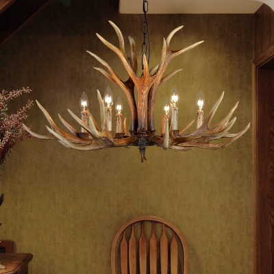 Village Candle Hanging Chandelier with Resin Antlers Height Adjustable 6/8/10 Heads Pendant Lighting Fixture in Brown