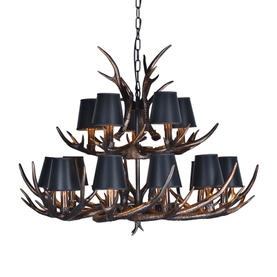 Vintage Antlers Suspension Light with Conic Shade Fabric 4/6/10/15 Lights Chandelier Light Fixture in Black