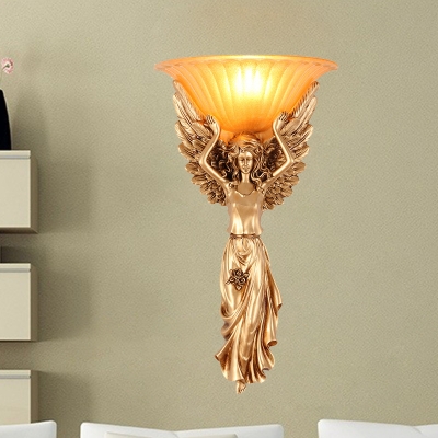 1 Light Gold/White Angel Wall Mount Lamp with Glass Shade Rustic Loft Resin Wall Lighting for Dining Room