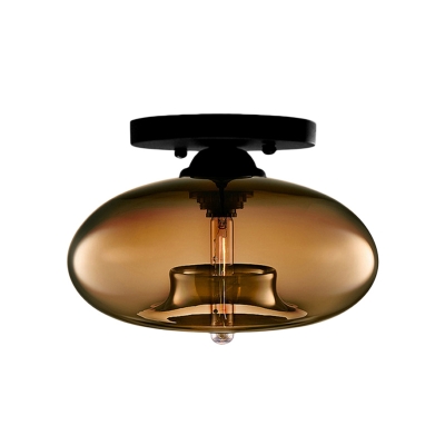 1 Light Oval Semi Flush Lighting with Amber/Blue/Brown/Clear Glass Shade Minimalist Outdoor Flushmount in Black