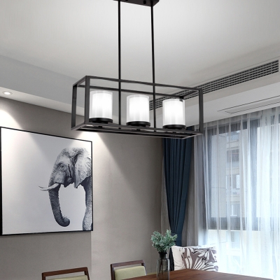 3/6 Lights Linear Chandelier Lamp Metal Frame Industrial Island Lighting in Black with White Glass Shade