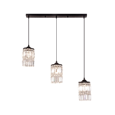 3 Lights Clear Crystal Cluster Pendant Lighting with Linear/Round Canopy Modern Suspension Light in Black