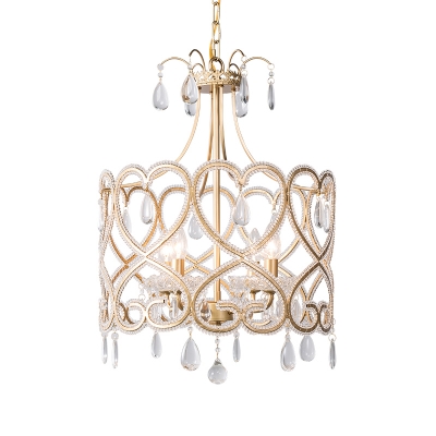 4 Lights Round Chandelier Lamp Vintage Metal Frame Hanging Ceiling Light in Gold with Crystal Prisms