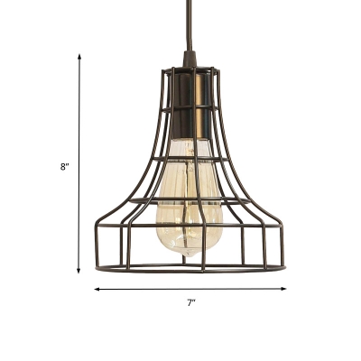 Black Flare Pendant Lamp with Metal Wire Frame Single Light Farmhouse Hanging Ceiling Light