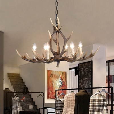 Contemporary Candle Ceiling Pendant Light with Antlers Decoration Resin 6/8 Lights Pendant Chandelier in Khaki
