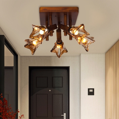 Country Style Cone Semi Flush Lighting Wood and Amber Glass 3/5/8 Lights Living Room Ceiling Lamp