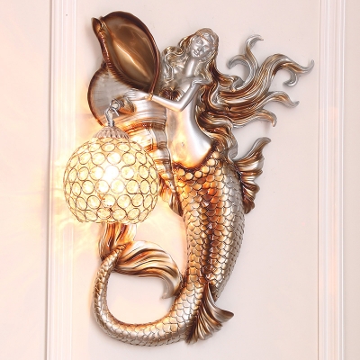 Domed Wall Lamp with Crystal Loft Style 1 Light Right/Left Mermaid Resin Wall Light Fixture in Gold