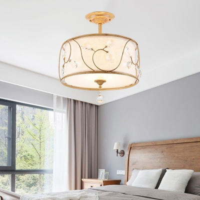 Drum Ceiling Fixture Rustic Fabric and Metal Creative Semi Flush Mount Lighting with Crystal for Bedroom