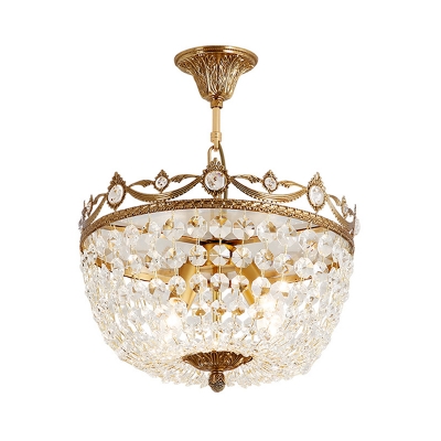 French Country Bowl Chandelier Lighting Clear Crystal 4 Lights Pendant Light in Aged Brass