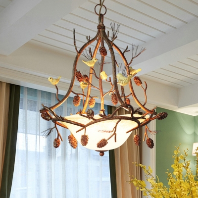 Frosted Glass Bowl Chandelier with Bird and Pinecone 3 Lights Village Style Pendant Light