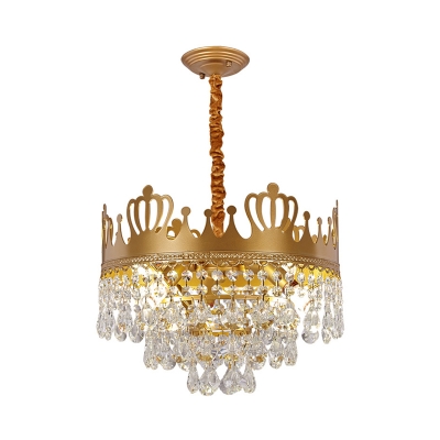 Layered Crystal Chandelier Lamp with Crown Design 6 Lights Modernism Hanging Pendant Light in Gold