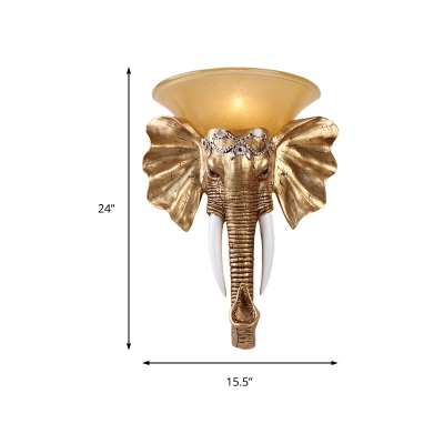 Loft Style Elephant Wall Light Fixture Resin Single Light Wall Sconce Light in Gold with Amber Glass Shade, 13