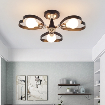 Metal Heart Petal Semi Flush Mount Light 3/6/8 Lights Elegant Ceiling Lamp in Black for Bedroom