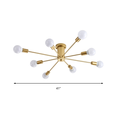 Mid Century Modern Sputnik Ceiling Light Metallic 6/8/10 Lights Gold Semi Flush Lighting