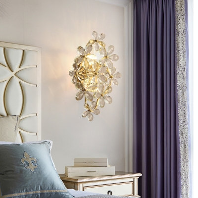 Modern Blossom Wall Light Clear Crystal and Metal Sconce Lamp in Gold for Bedroom Dining Room