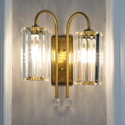 Modern Gold Wall Light Cylinder Shade 1/2 Lights Clear Crystal Sconce Light for Bathroom Hotel