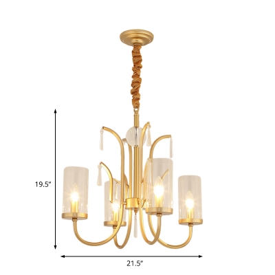 Modernism Cylinder Pendant Light with Crystal Accents 4/6/8 Lights Clear Glass Chandelier Lamp in Gold