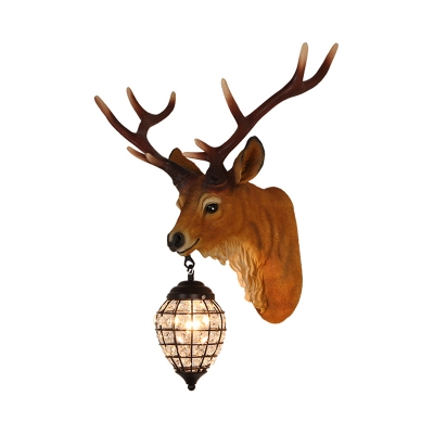 Rustic Deer Wall Sconce Light with Metal Teardrop Lampshade Resin 1 Light Wall Mount Light in Black