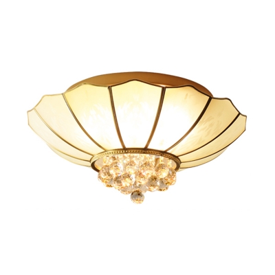 Scalloped Flush Lighting with Clear Crystal Ball 4/6 Bulbs White Glass Flushmount Ceiling Light in Brass
