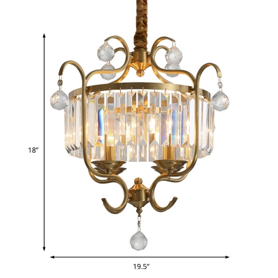 Traditional Brass Pendant Lamp with Triangular Crystal Prisms 4 Bulbs Indoor Chandelier for Dining Table