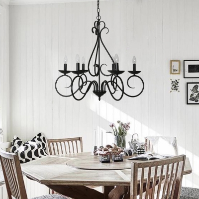 Traditional Candle Pendant Lamp Metal 6 Lights Black Hanging Chandelier for Dining Room