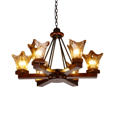 Traditional Chandelier Light with Brown Glass Shade 4/6 Lights Wood Pendant Lamp