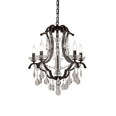 Traditional Crystal Hanging Light with Candle 5/6 Bulbs Pendant Light in Black for Bedroom